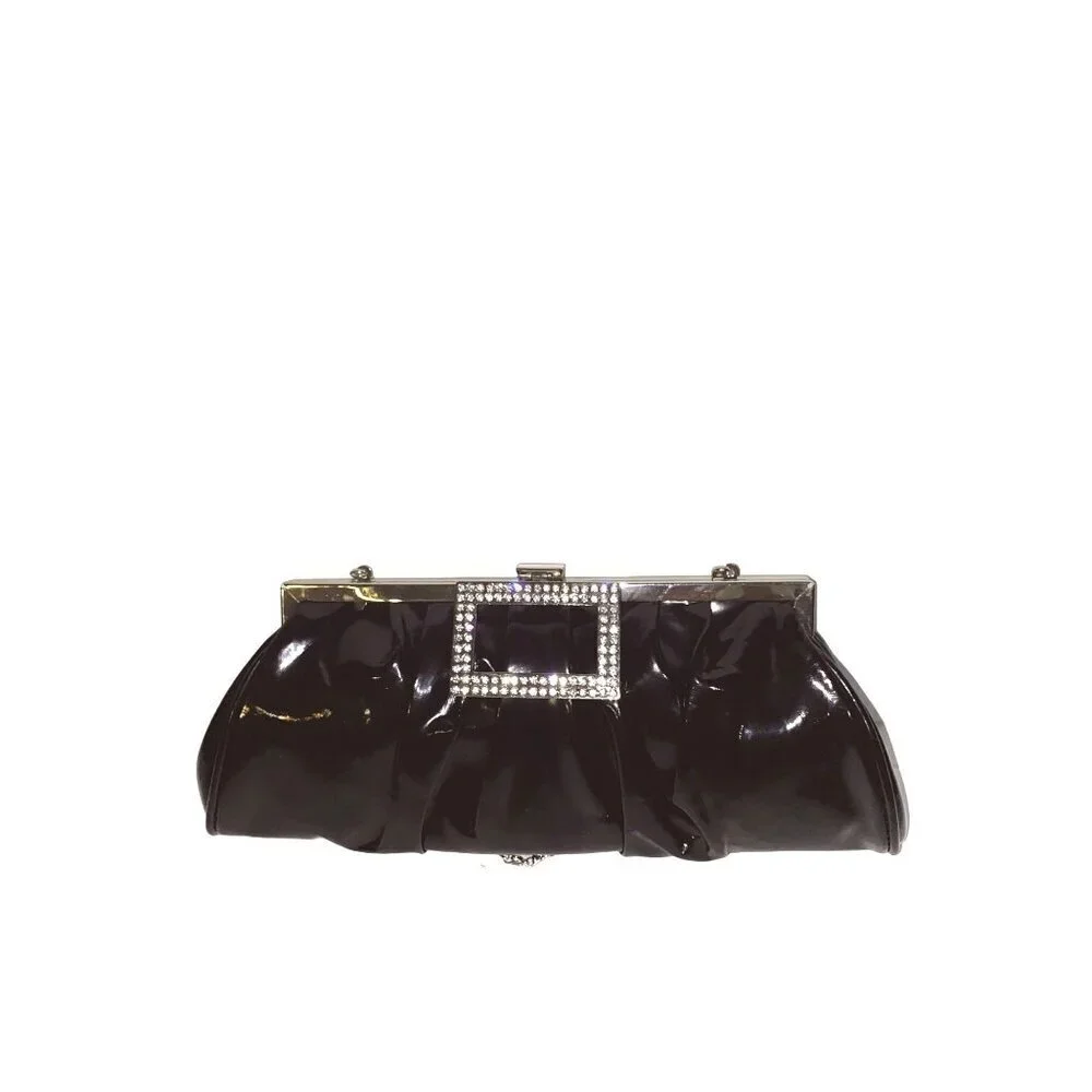 New Black Glossy Convertible Evening Bag Clutch with Rhinestone‎ Closure
